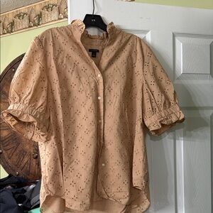 Ann Taylor Beige Eyelet Cotton Button-Down Shirt